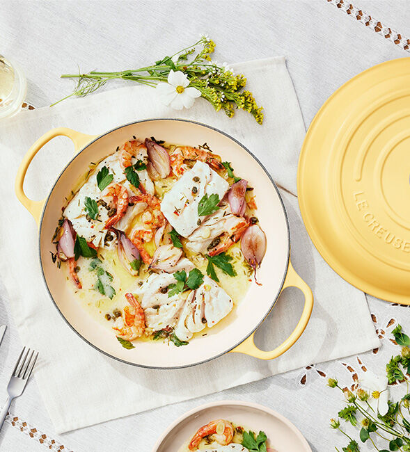 Braised White Fish and Shrimp with Crispy Capers | Le Creuset®